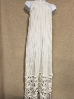 Cupshe White Crochet Fringe Halter Maxi Dress